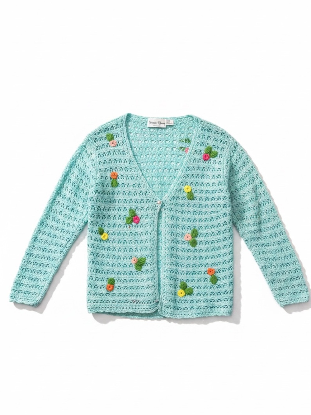 Sharon Young Crochet Floral Long Sleeve One Button Closure Cardigan Sweater XL